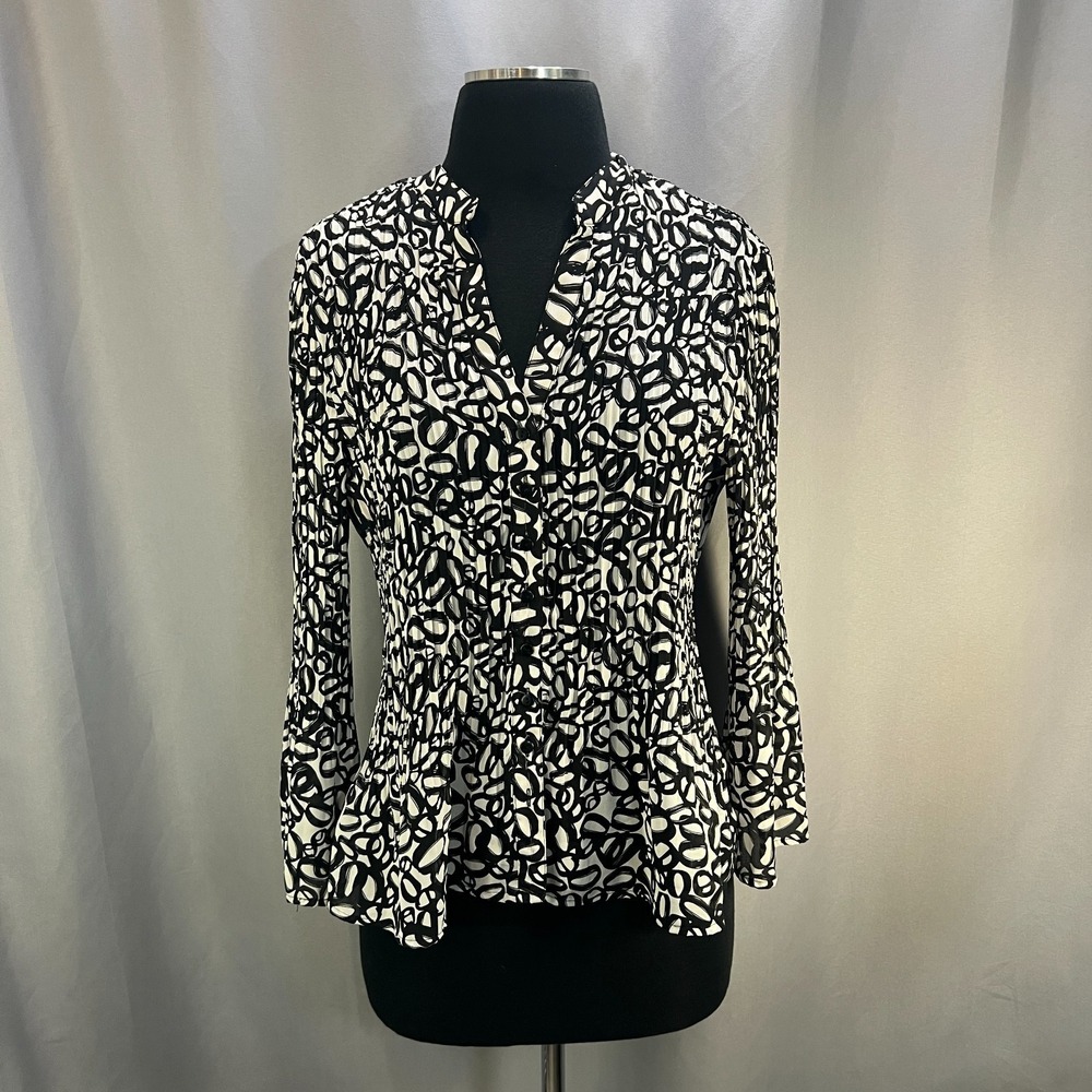 Allison‎ Taylor Tunic Blouse Top Womens Large Black White Geometric Button Front